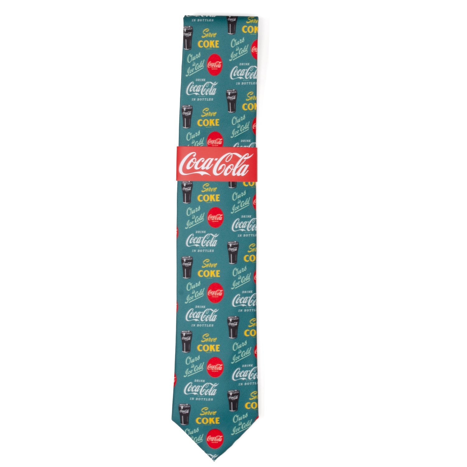 Coca-Cola tie with vintage logo and text design on a white background