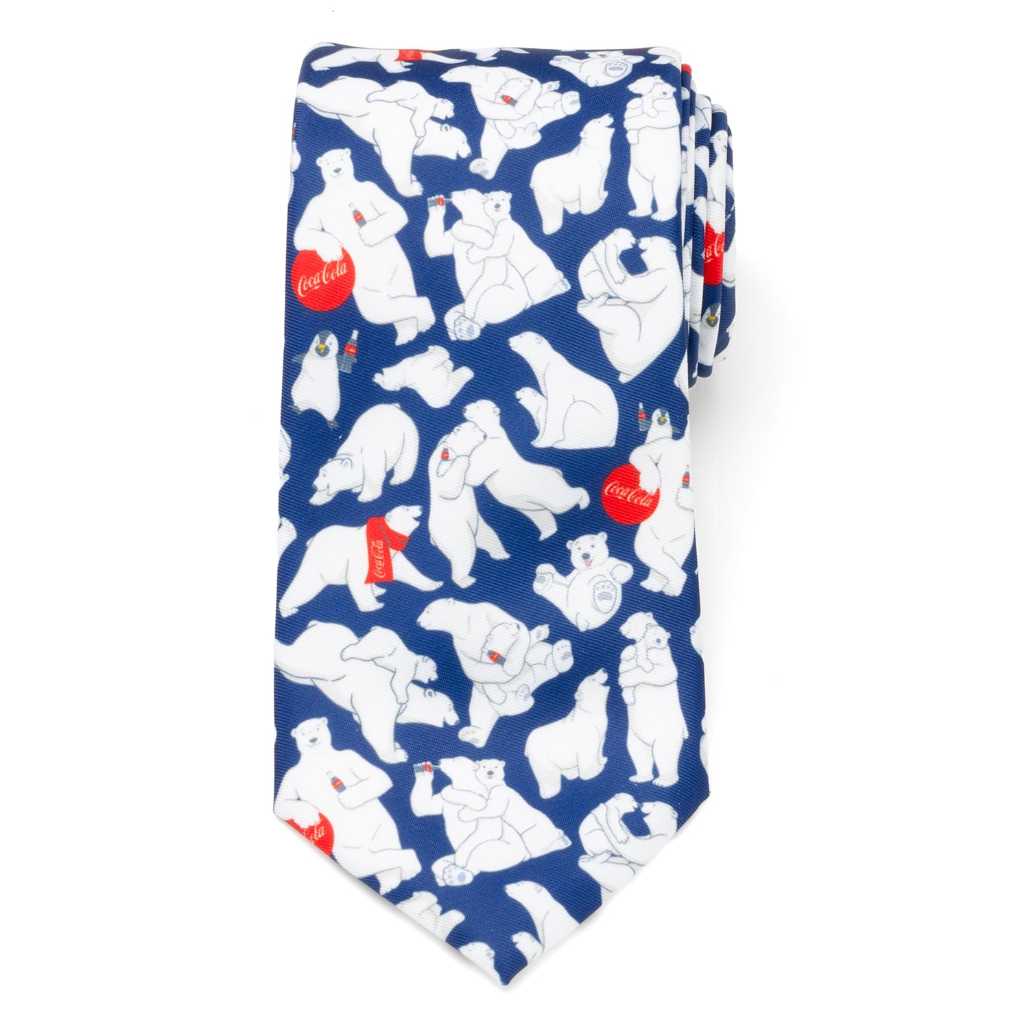 Navy tie with white polar bear and Coca-Cola logo pattern on a white background