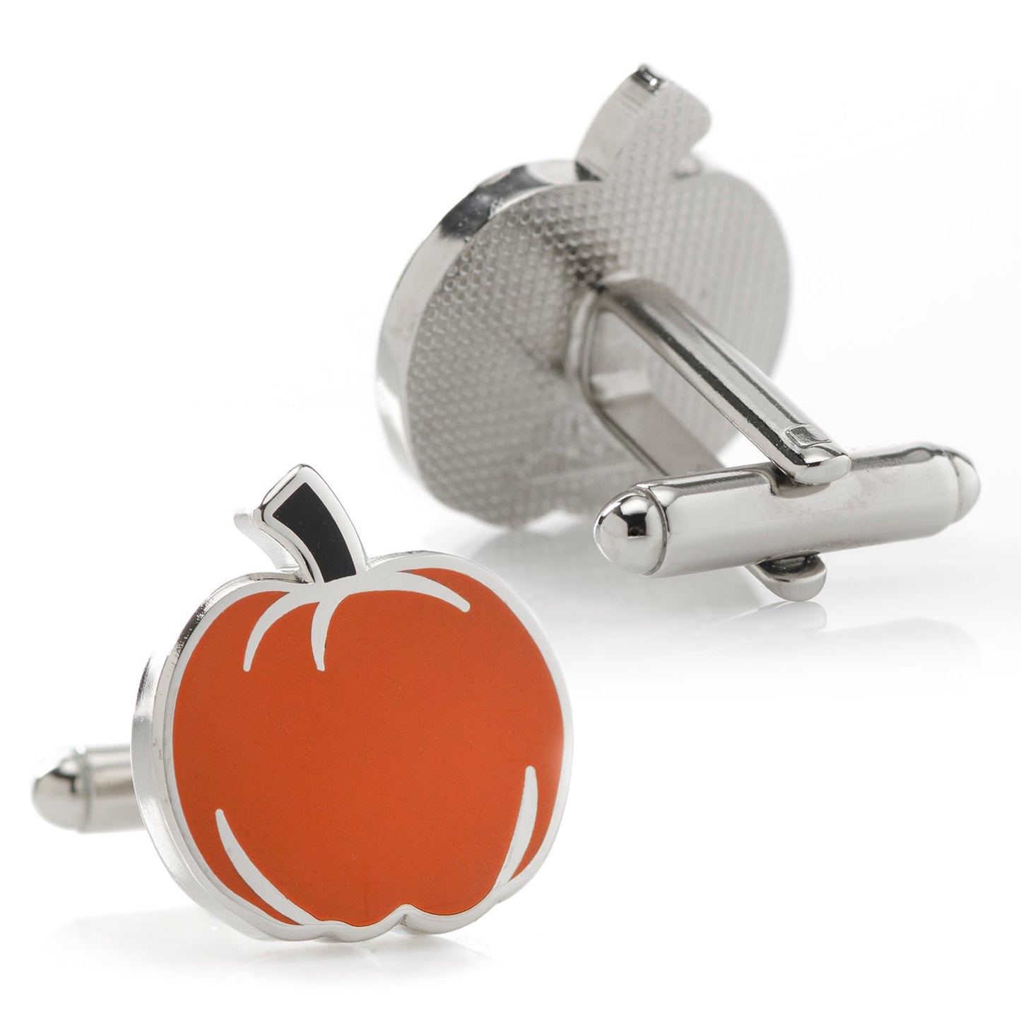 Pumpkin-shaped cufflinks with silver accents on a white background