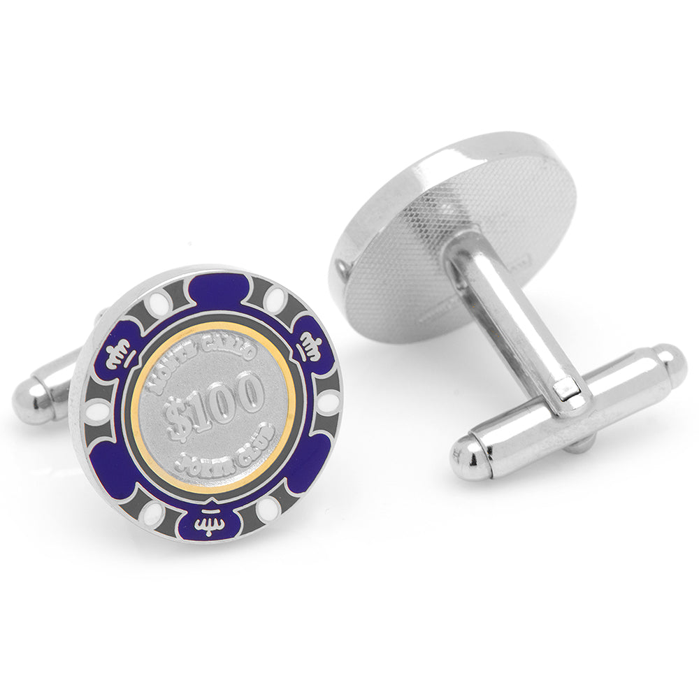 Cufflinks with a blue and gold design on a white background