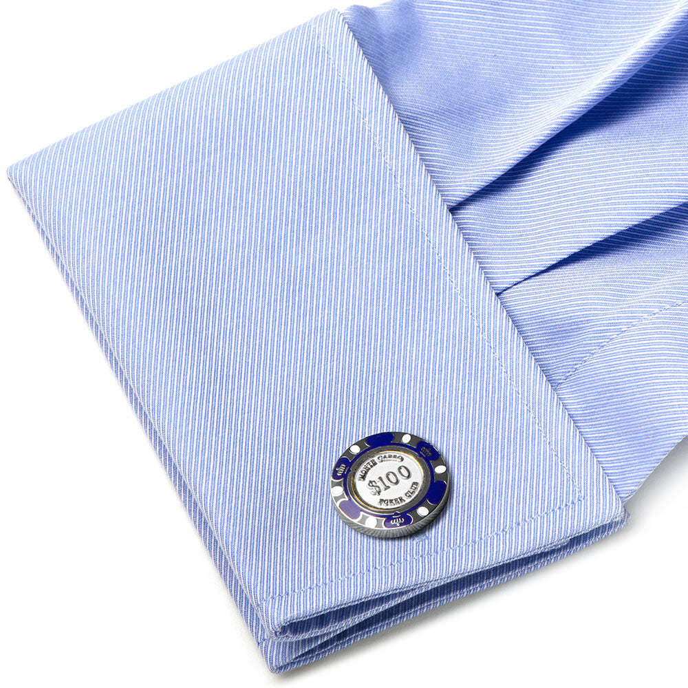 Blue striped shirt cuff with a $100 poker chip design on a white background