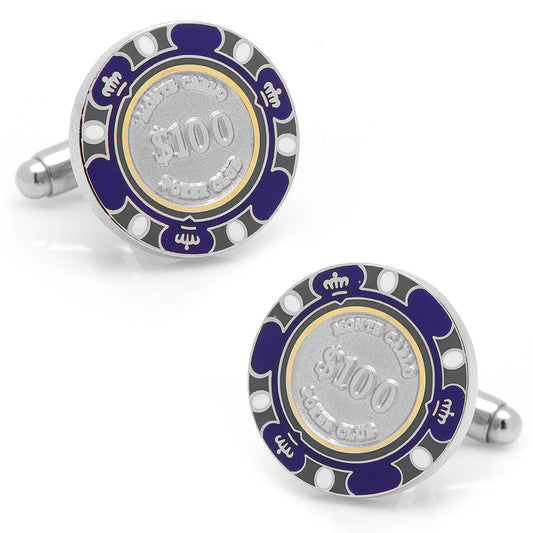 Poker chip cufflinks with $100 denomination on a white background