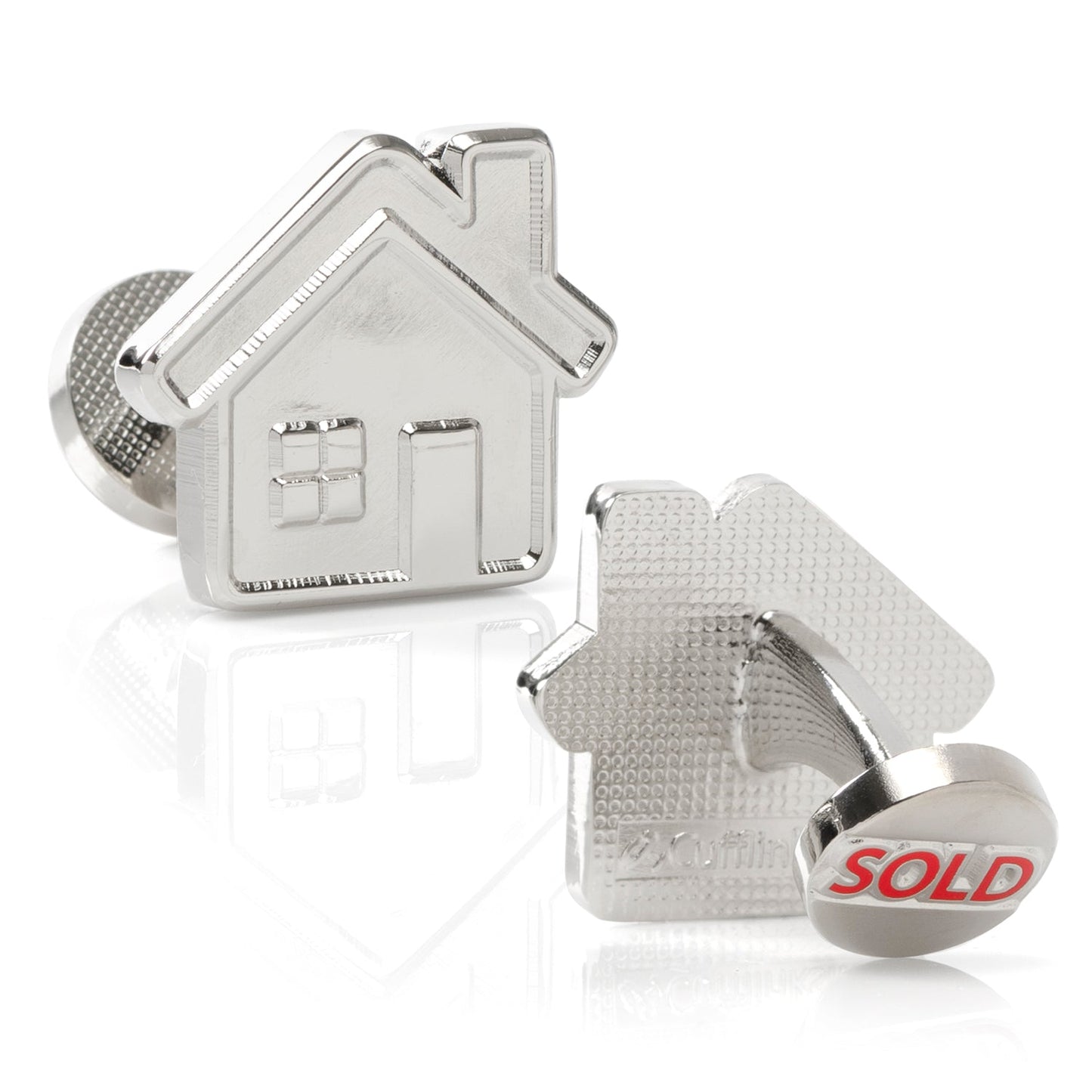 Silver house-shaped cufflinks with a 'SOLD' label on a white background