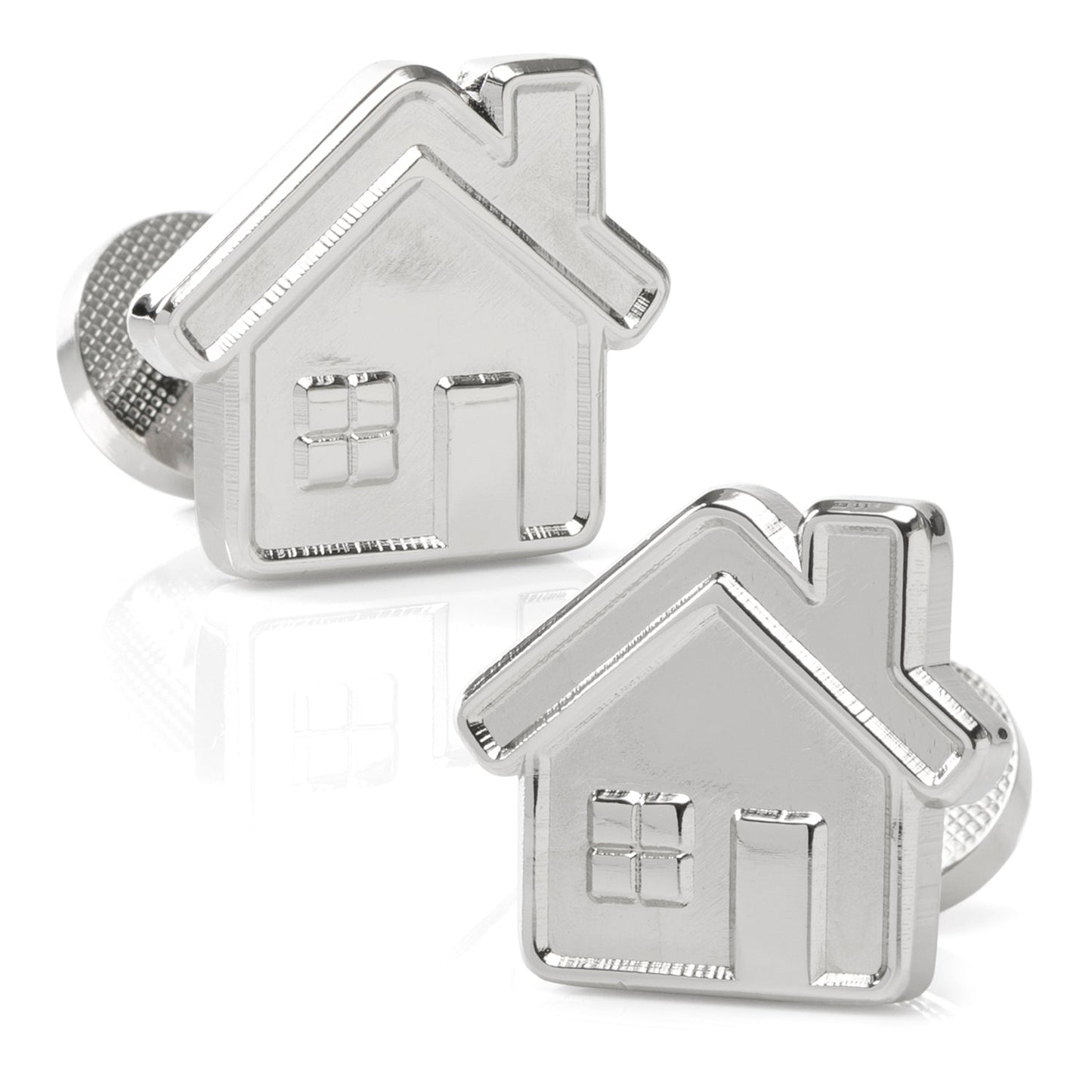 Silver house-shaped cufflinks on a white background
