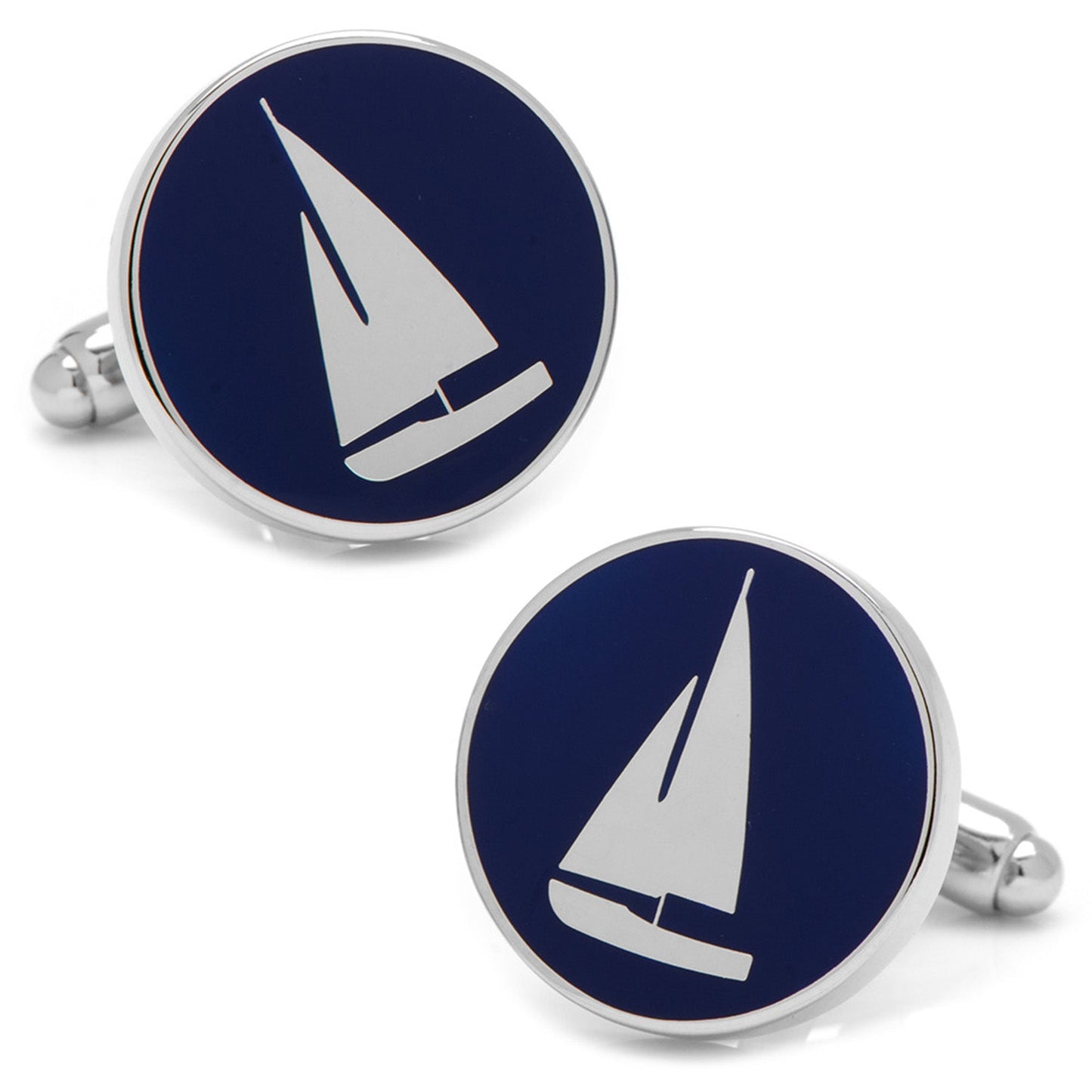 Sailboat cufflinks with navy blue and silver design on a white background
