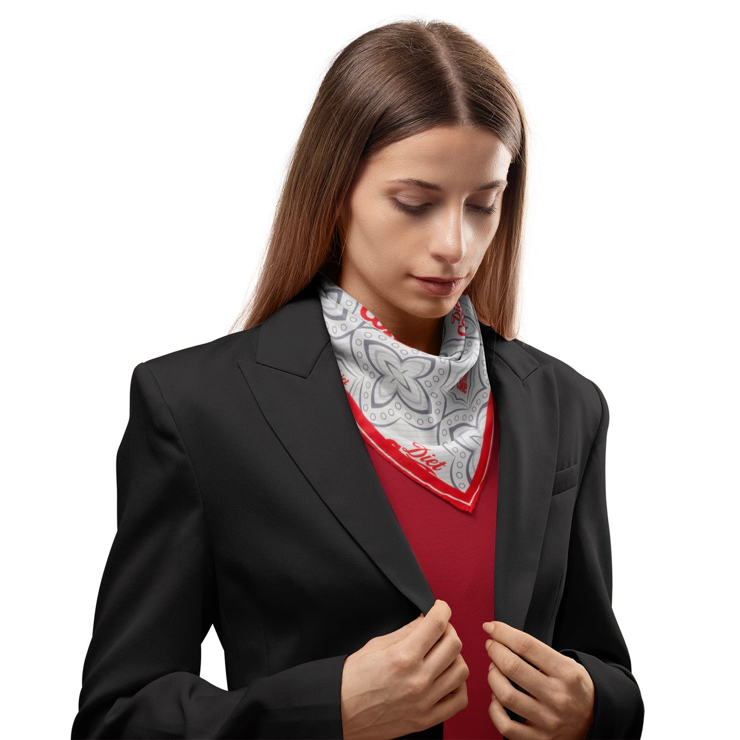 Woman wearing a black blazer and red shirt with a patterned scarf, on a white background Diet Coke satin grey scarf with red logo border