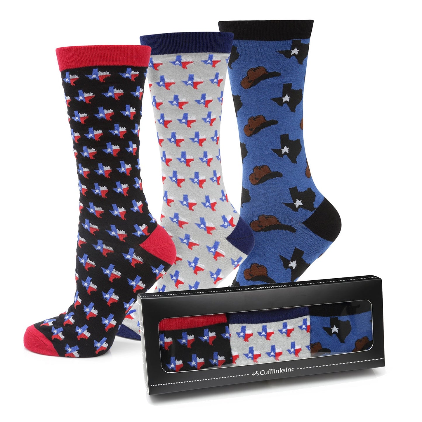 Three pairs of patterned socks with a black gift box displaying additional sock designs.