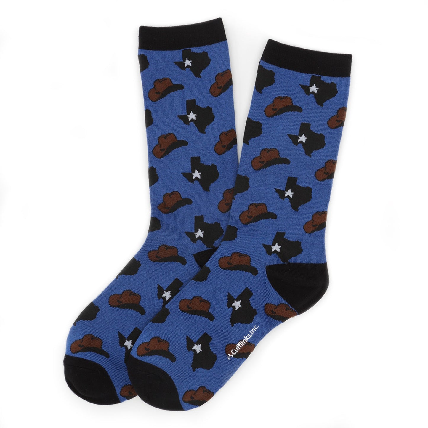 Blue socks with cowboy hat and Texas shape pattern on a white background