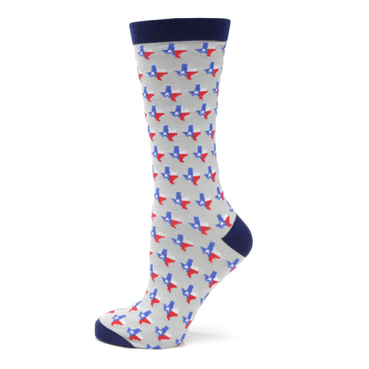 Sock with blue, red, and white pattern on a gray background