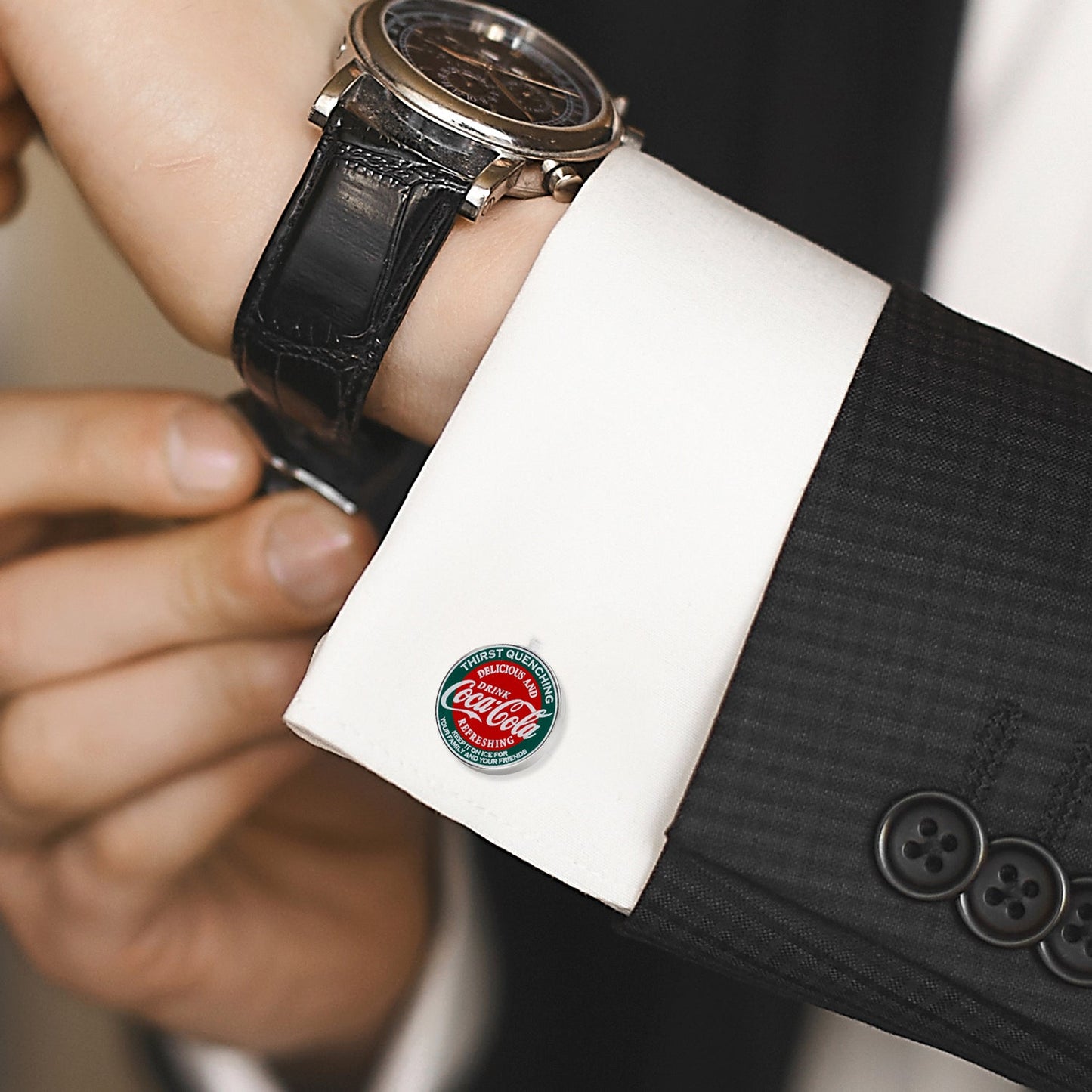 Coca-Cola vintage logo cufflinks – red and green enamel retro accessories