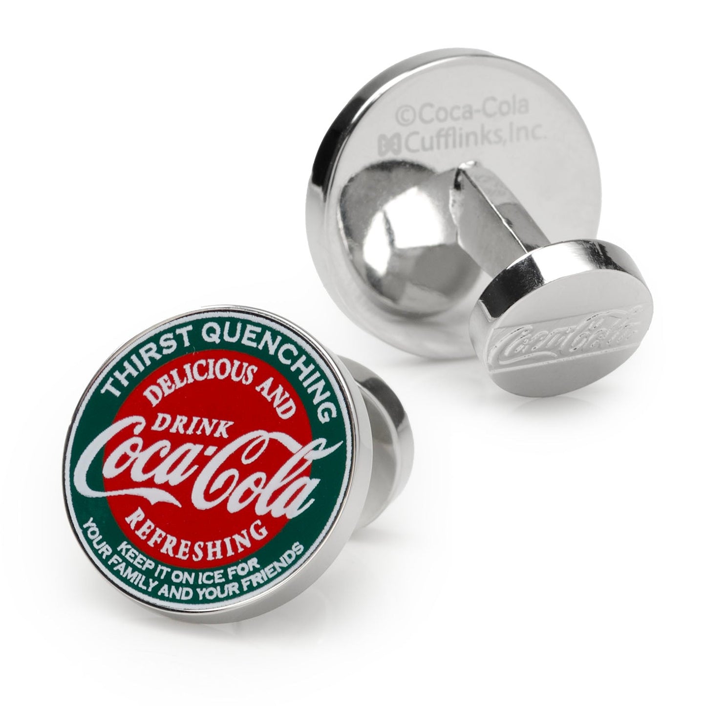 Coca-Cola vintage logo cufflinks – red and green enamel retro accessories