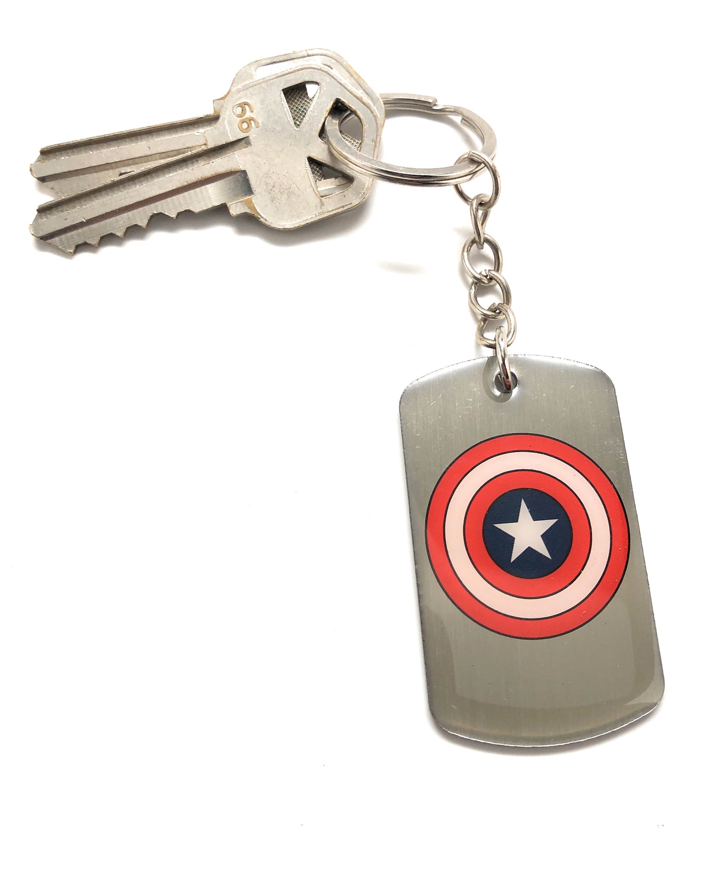 Keychain with Captain America shield design on a white background