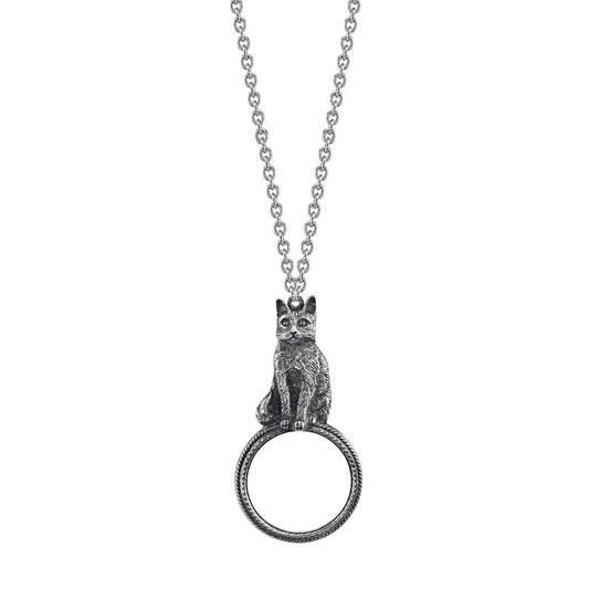 Women's Silver Necklace Jewelry Antiqued Cat Magnifying Glass Pendant Necklace 30" - Magnification Power: 2-3X