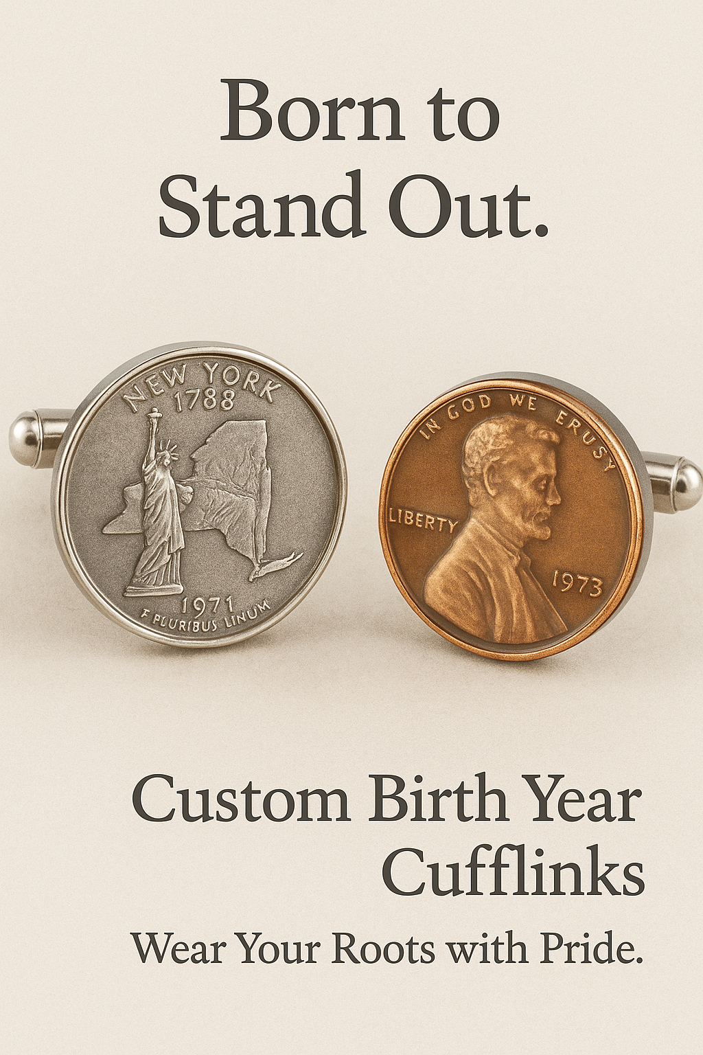 Two cufflinks with New York state and Abraham Lincoln designs on a beige background with text 'Born to Stand Out'.