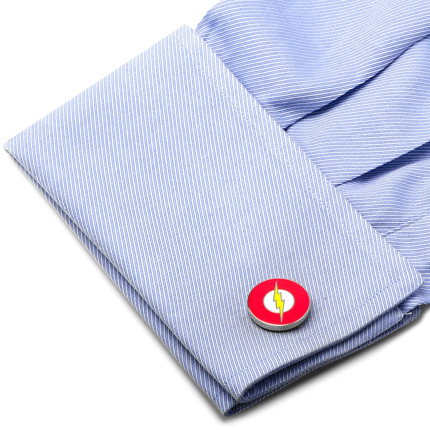 Cufflinks with a red circle and yellow lightning bolt on a blue striped shirt. DC The Flash Cufflinks
