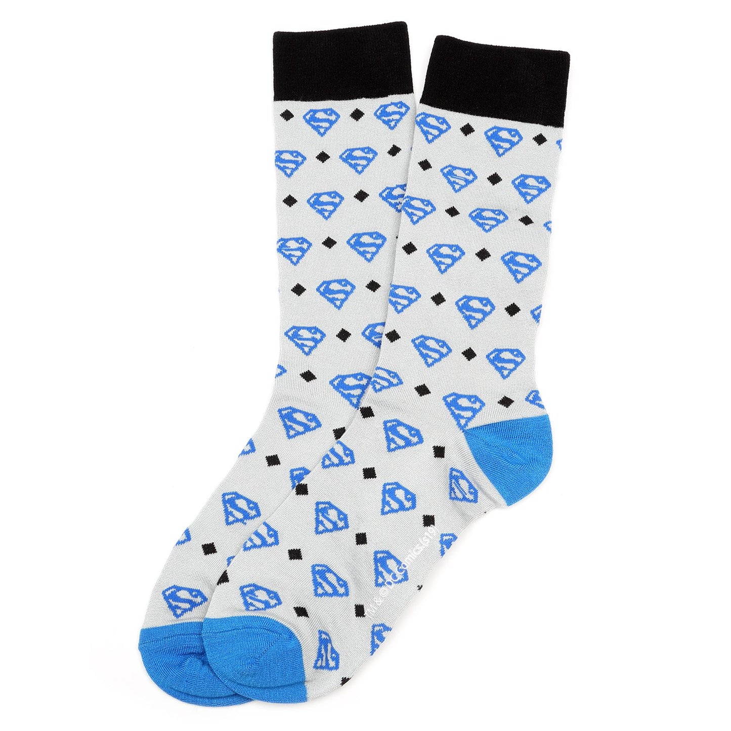 Superman-themed socks with black, blue, and white pattern on a white background
