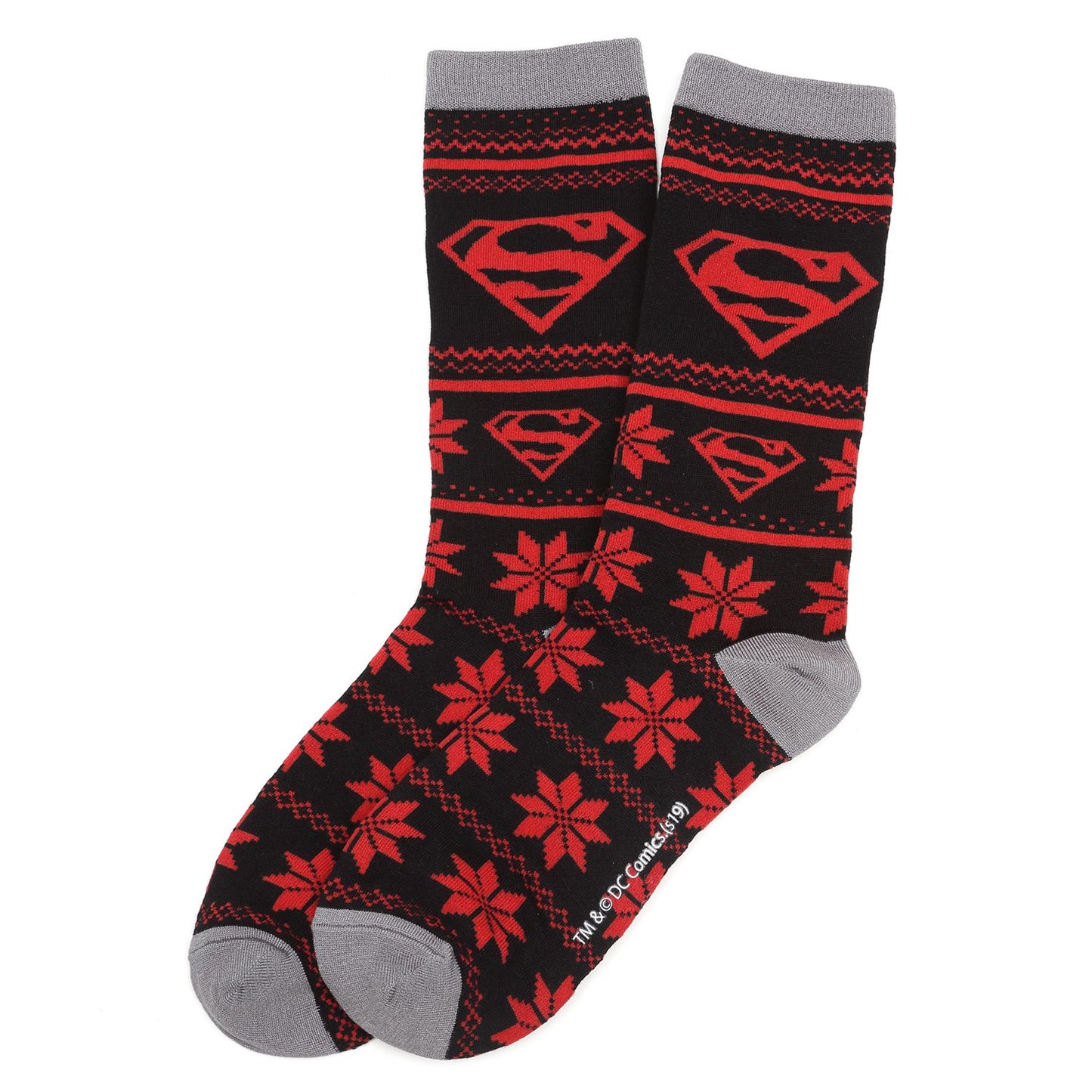 Superman-themed socks with red patterns and gray accents on a white background