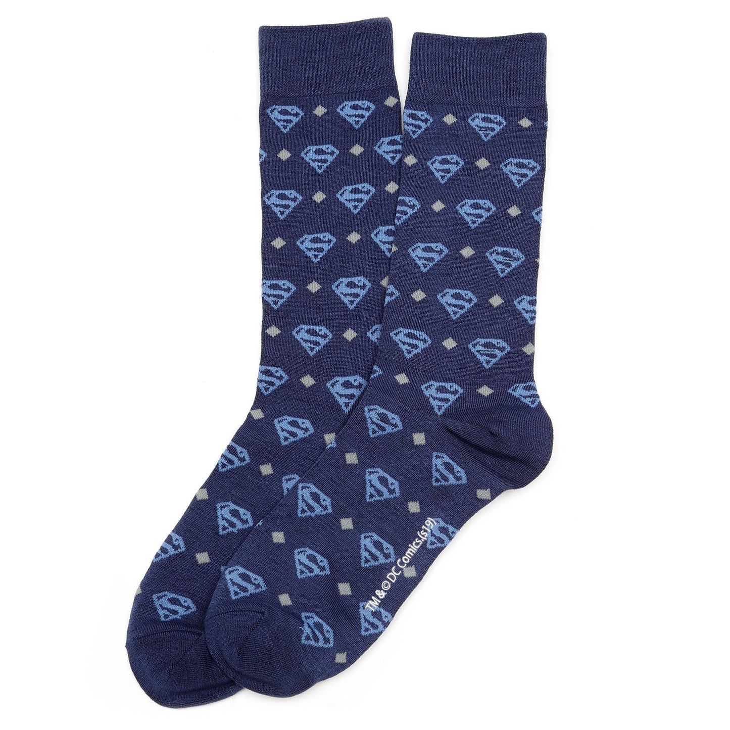 Navy blue socks with Superman logo pattern on a white background