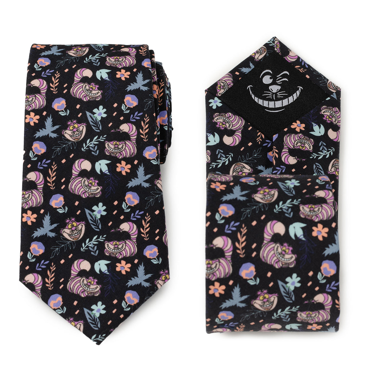 Disney Alice in Wonderland Cheshire Cat Black Men’s Tie featuring colorful Cheshire Cat pattern on black cotton fabric, officially licensed by Disney.