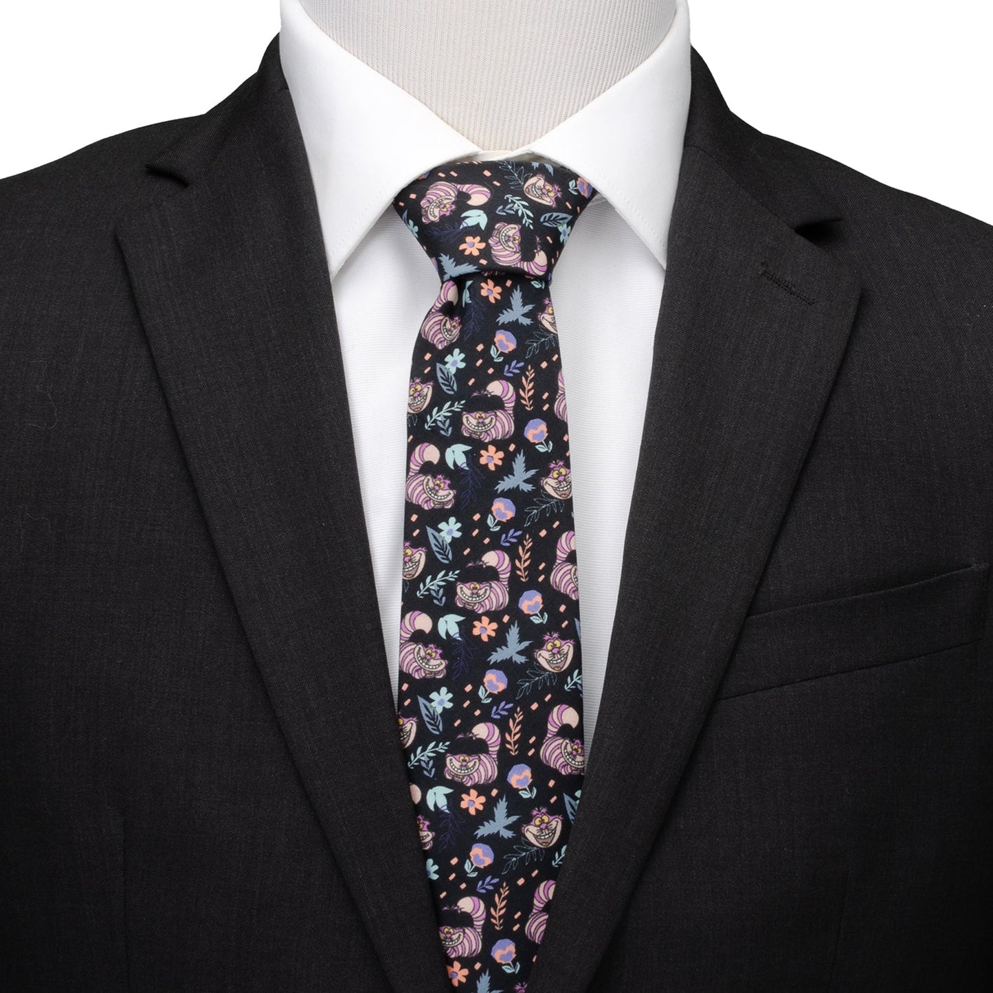 Disney Alice in Wonderland Cheshire Cat Black Men’s Tie featuring colorful Cheshire Cat pattern on black cotton fabric, officially licensed by Disney.