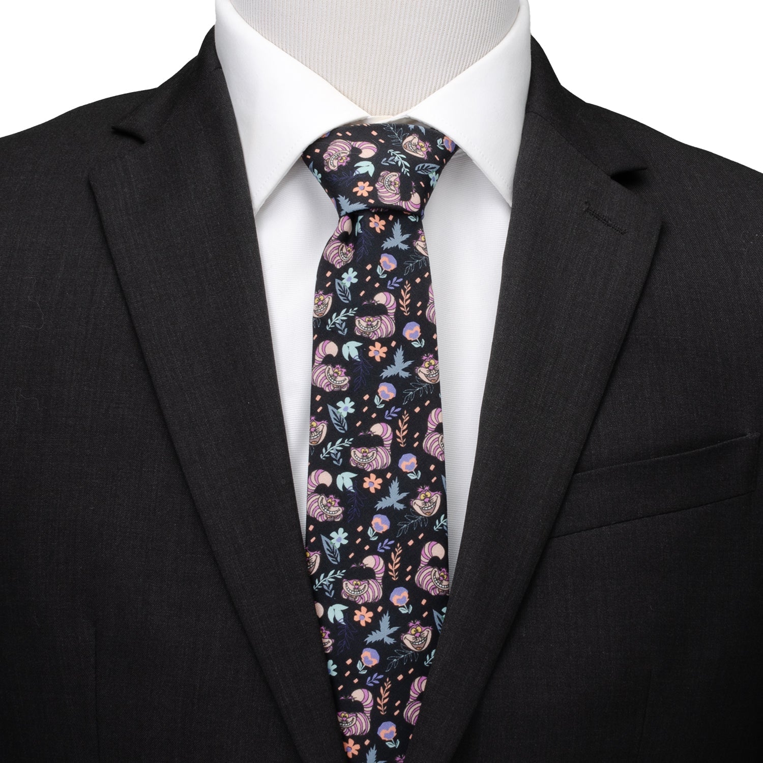 Disney Alice in Wonderland Cheshire Cat Black Men’s Tie featuring colorful Cheshire Cat pattern on black cotton fabric, officially licensed by Disney.