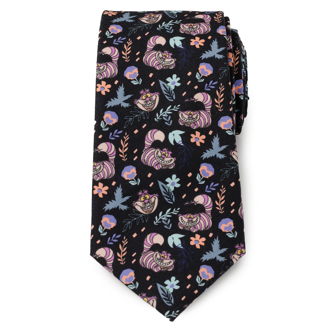 Disney Alice in Wonderland Cheshire Cat Black Men’s Tie featuring colorful Cheshire Cat pattern on black cotton fabric, officially licensed by Disney.