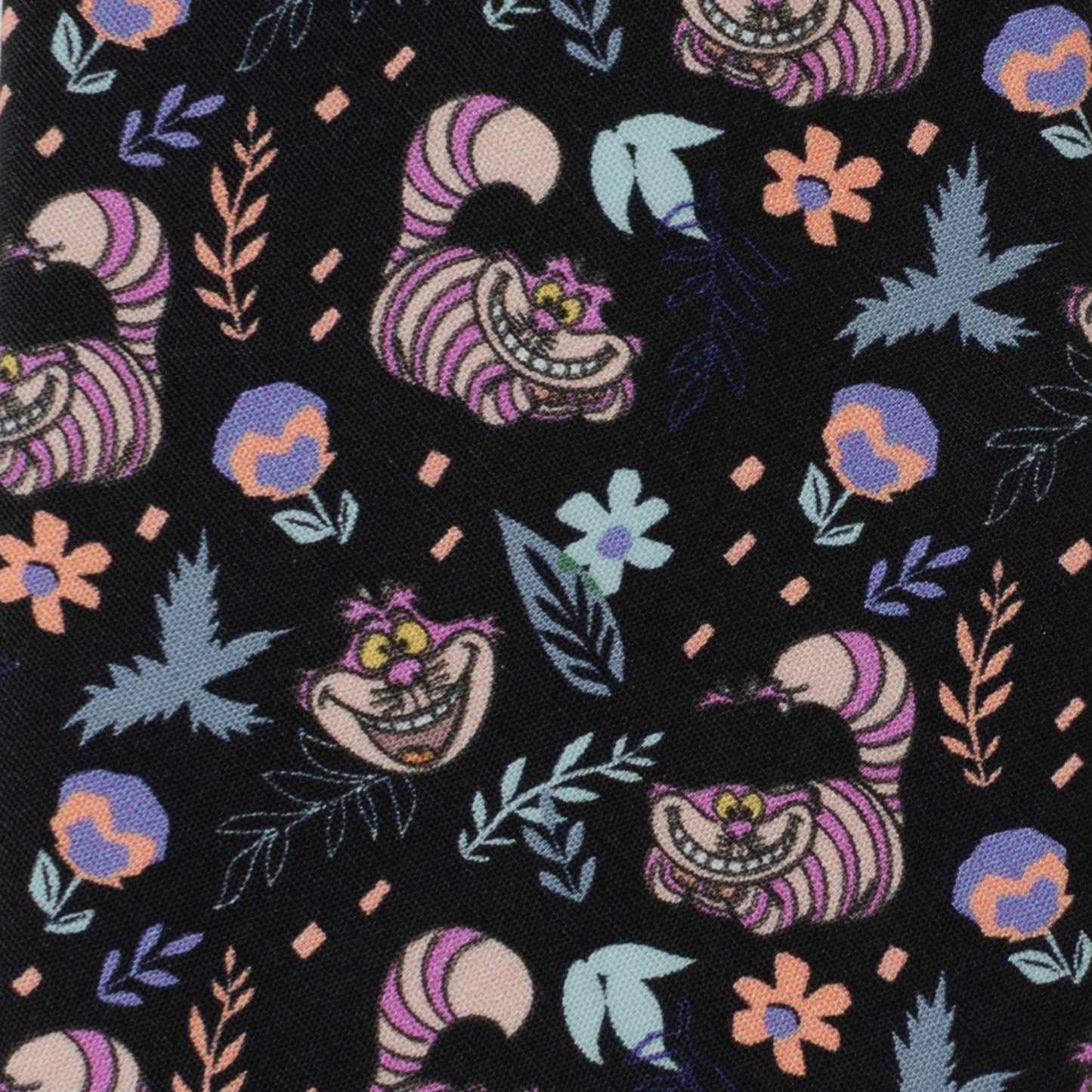 Disney Alice in Wonderland Cheshire Cat Black Men’s Tie featuring colorful Cheshire Cat pattern on black cotton fabric, officially licensed by Disney.