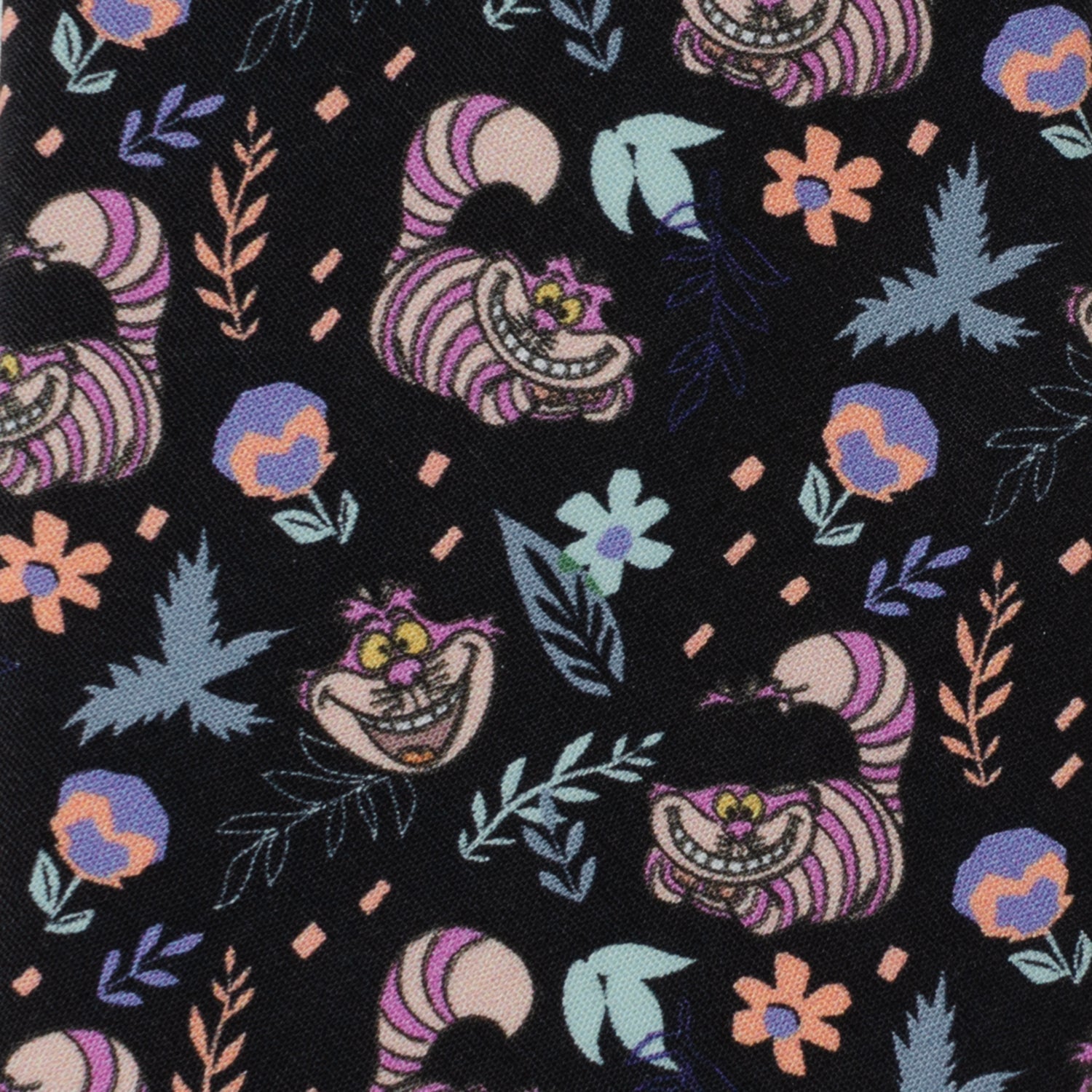 Disney Alice in Wonderland Cheshire Cat Black Men’s Tie featuring colorful Cheshire Cat pattern on black cotton fabric, officially licensed by Disney.