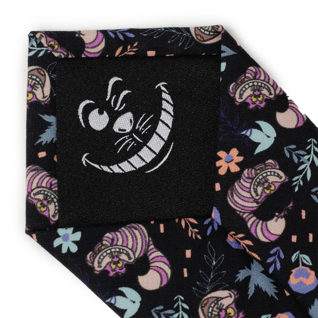 Disney Alice in Wonderland Cheshire Cat Black Men’s Tie featuring colorful Cheshire Cat pattern on black cotton fabric, officially licensed by Disney.