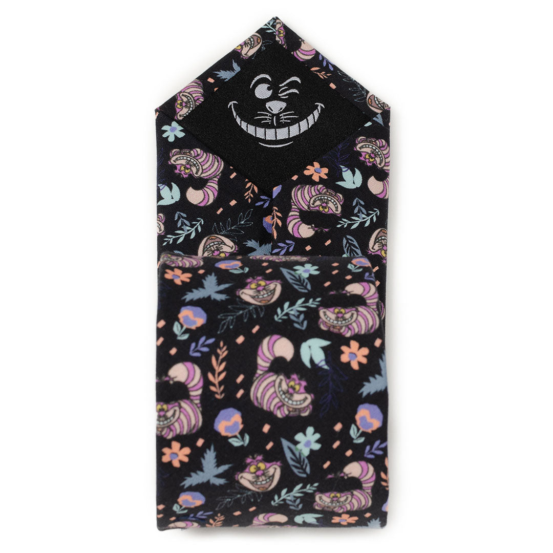 Disney Alice in Wonderland Cheshire Cat Black Men’s Tie featuring colorful Cheshire Cat pattern on black cotton fabric, officially licensed by Disney.