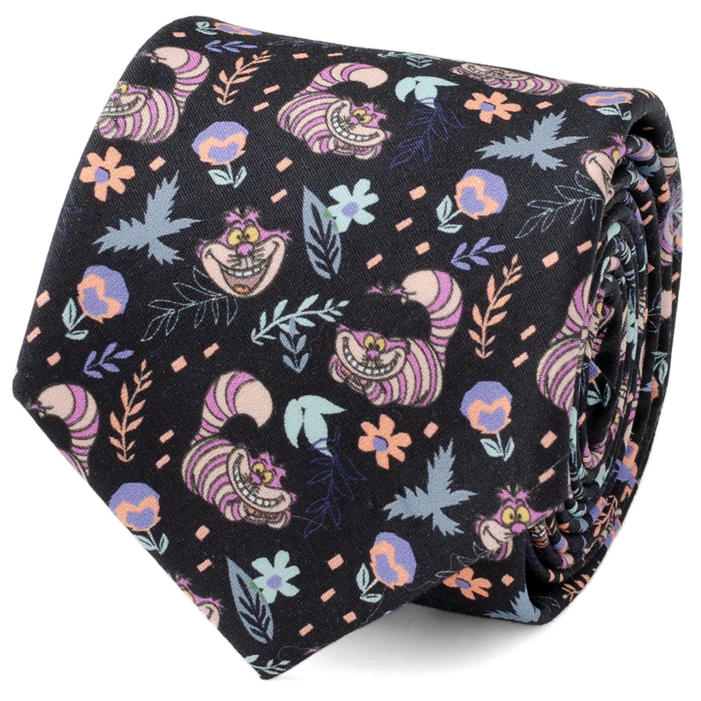 Disney Alice in Wonderland Cheshire Cat Black Men’s Tie featuring colorful Cheshire Cat pattern on black cotton fabric, officially licensed by Disney.