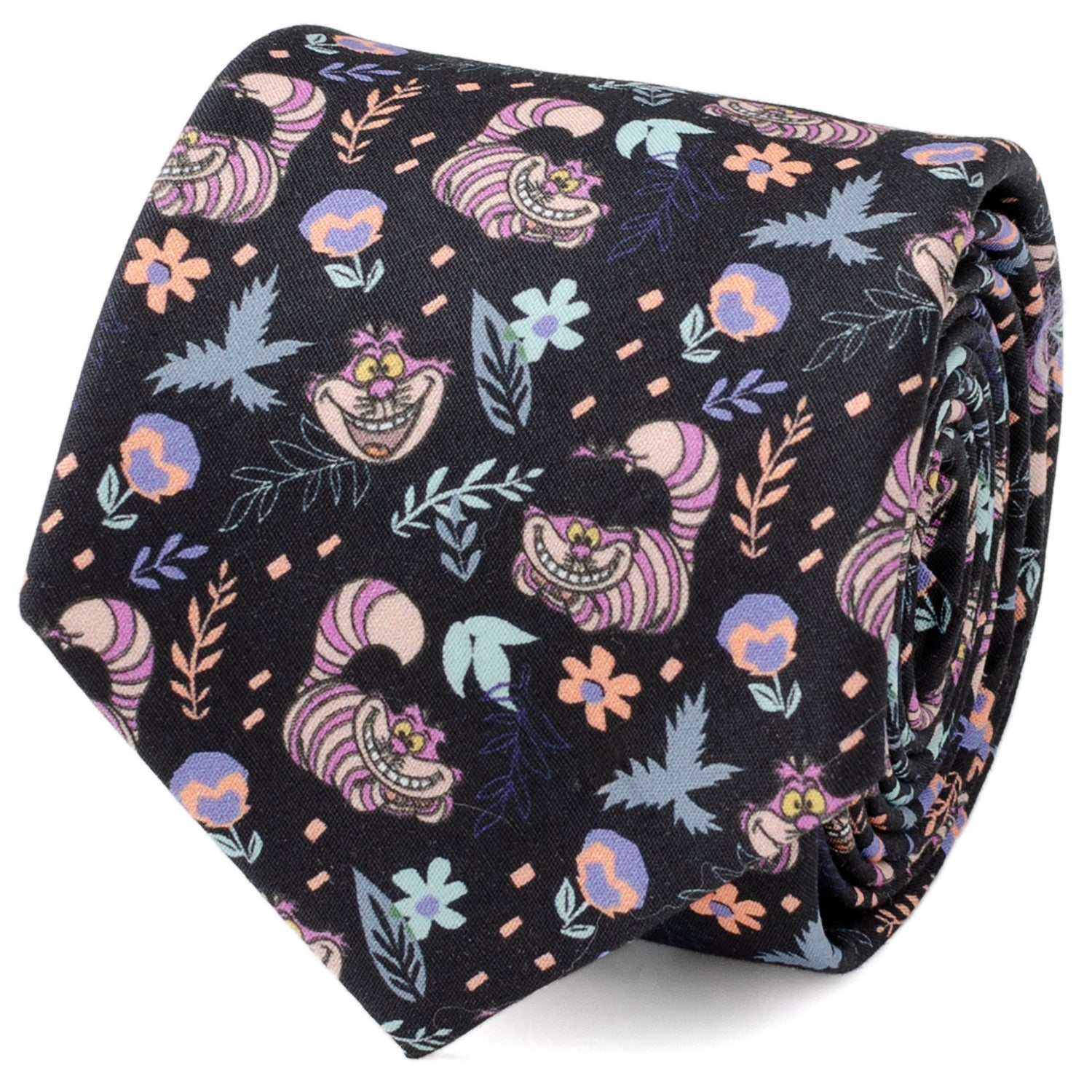 Disney Alice in Wonderland Cheshire Cat Black Men’s Tie featuring colorful Cheshire Cat pattern on black cotton fabric, officially licensed by Disney.