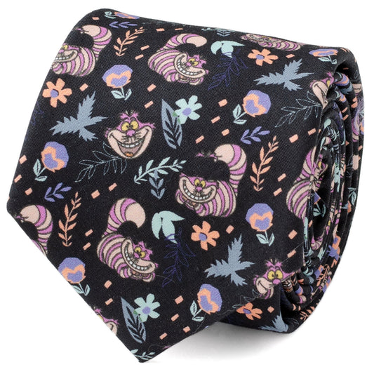 Disney Alice in Wonderland Cheshire Cat Black Men’s Tie featuring colorful Cheshire Cat pattern on black cotton fabric, officially licensed by Disney.