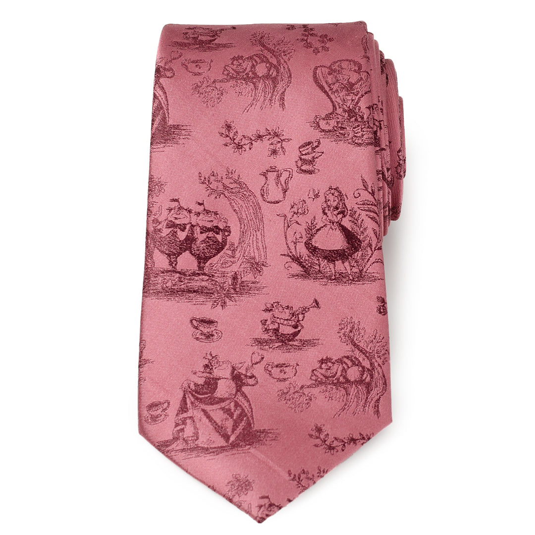 Pink tie with black vintage-style illustrations on a white background Alice in Wonderland