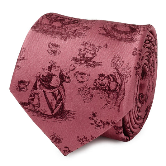 Pink tie with black vintage-style illustrations on a white background Alice in Wonderland