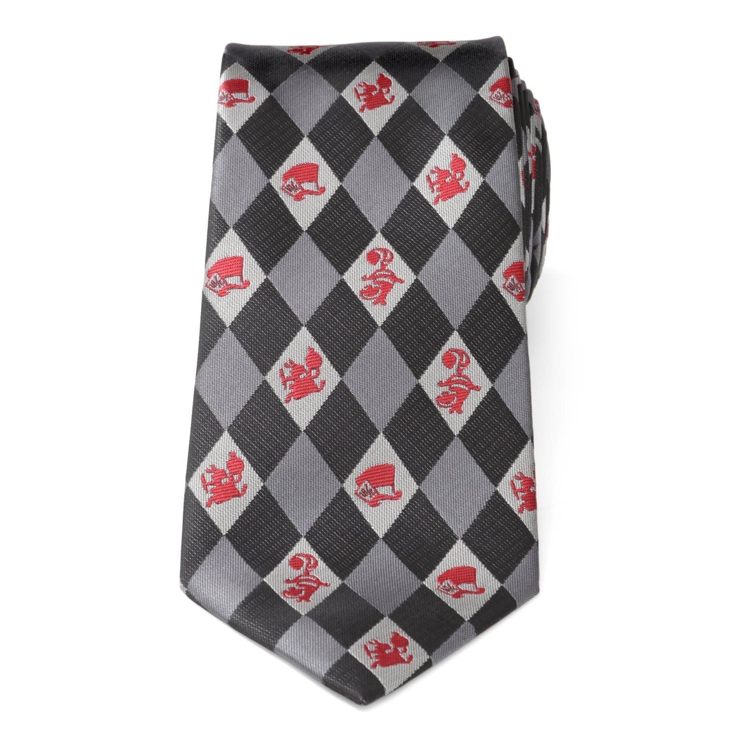 Checkered tie with red symbols on a white background