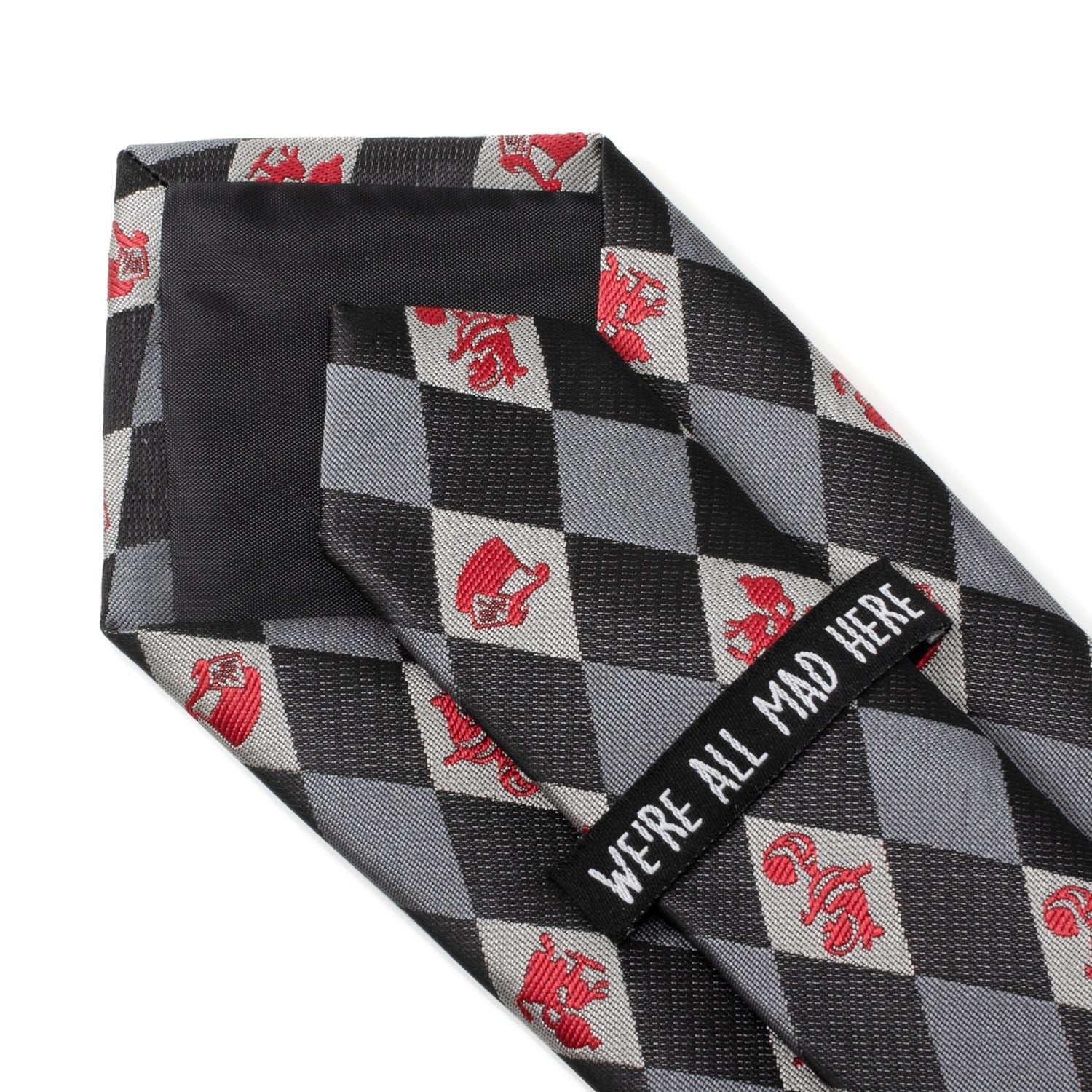 Checkered tie with red and white pattern and a tag reading 'We're All Mad Here' on a white background