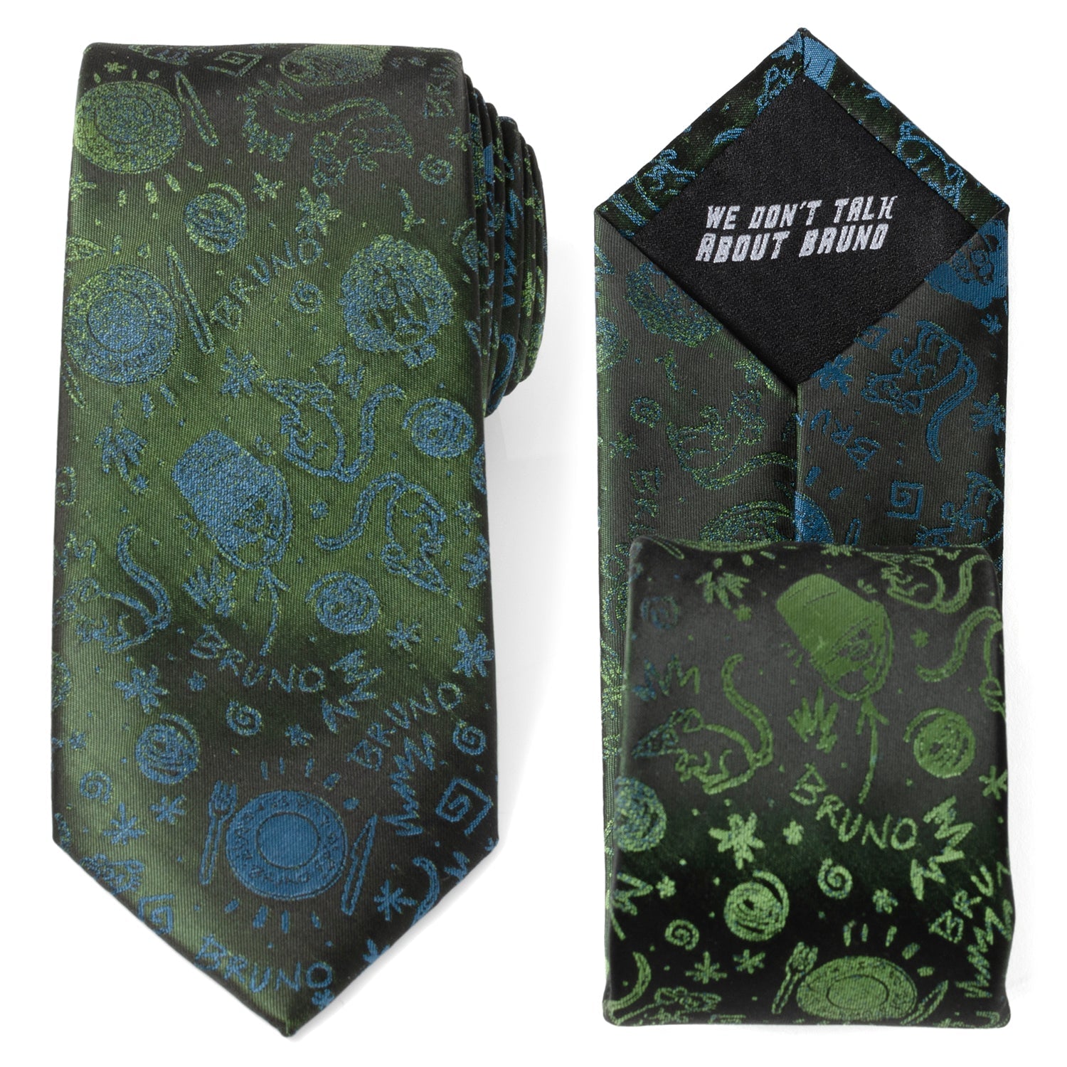 Green and black patterned tie with matching pocket square on a white background