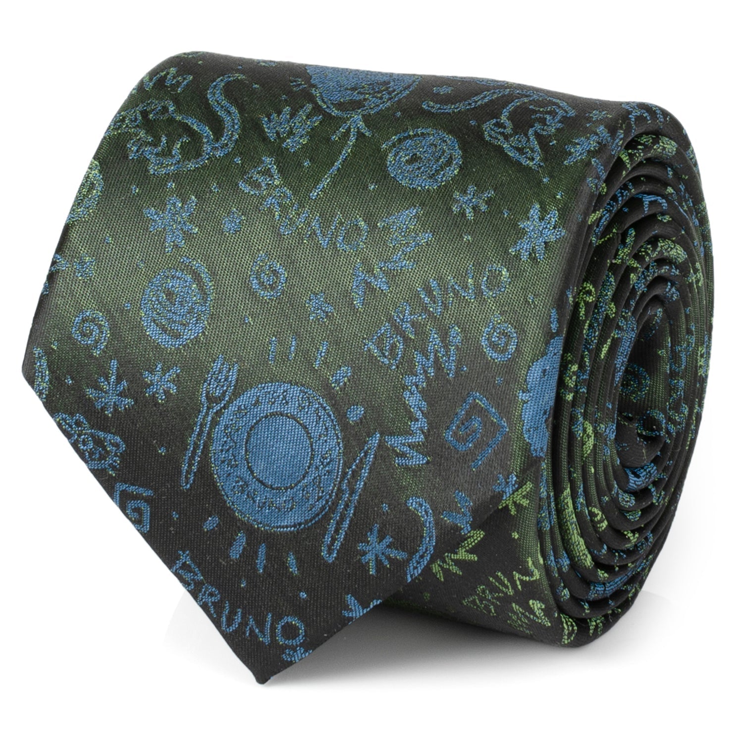 Rolled-up green tie with blue patterns on a white background Encanto Bruno