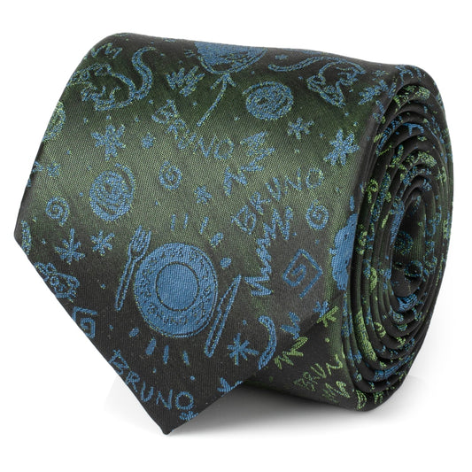Rolled-up green tie with blue patterns on a white background Encanto Bruno