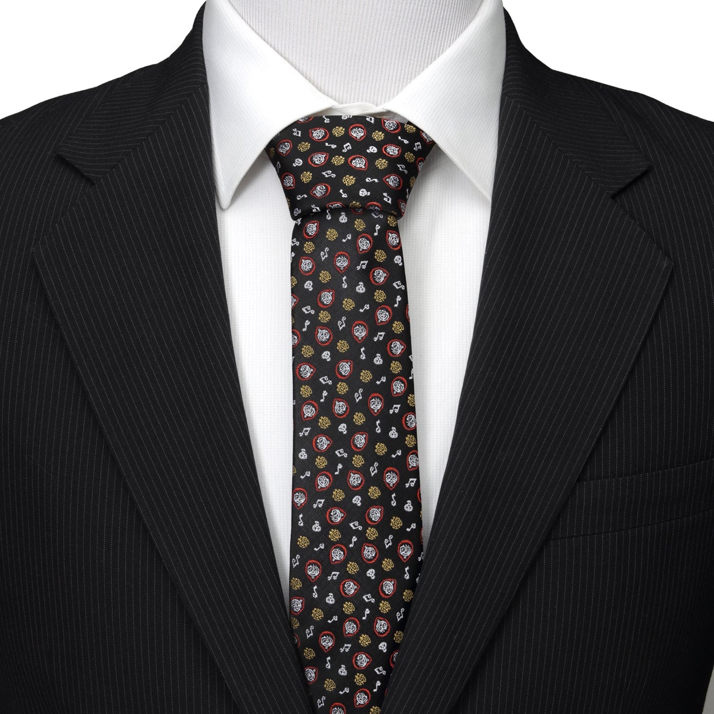 Disney Pixar Coco black silk men’s tie featuring colorful skull and guitar pattern inspired by the Coco movie. Officially licensed by Disney.