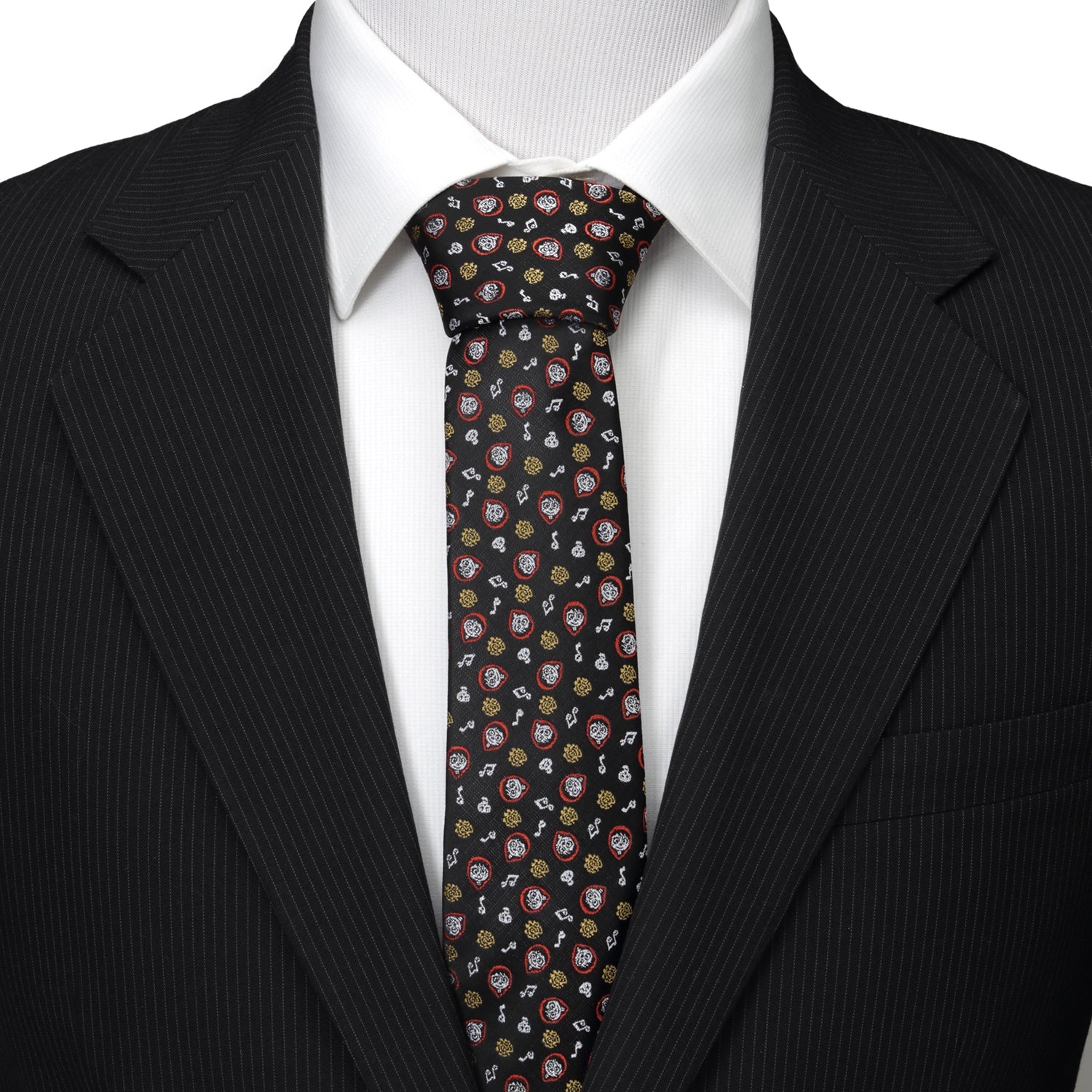 Disney Pixar Coco black silk men’s tie featuring colorful skull and guitar pattern inspired by the Coco movie. Officially licensed by Disney.