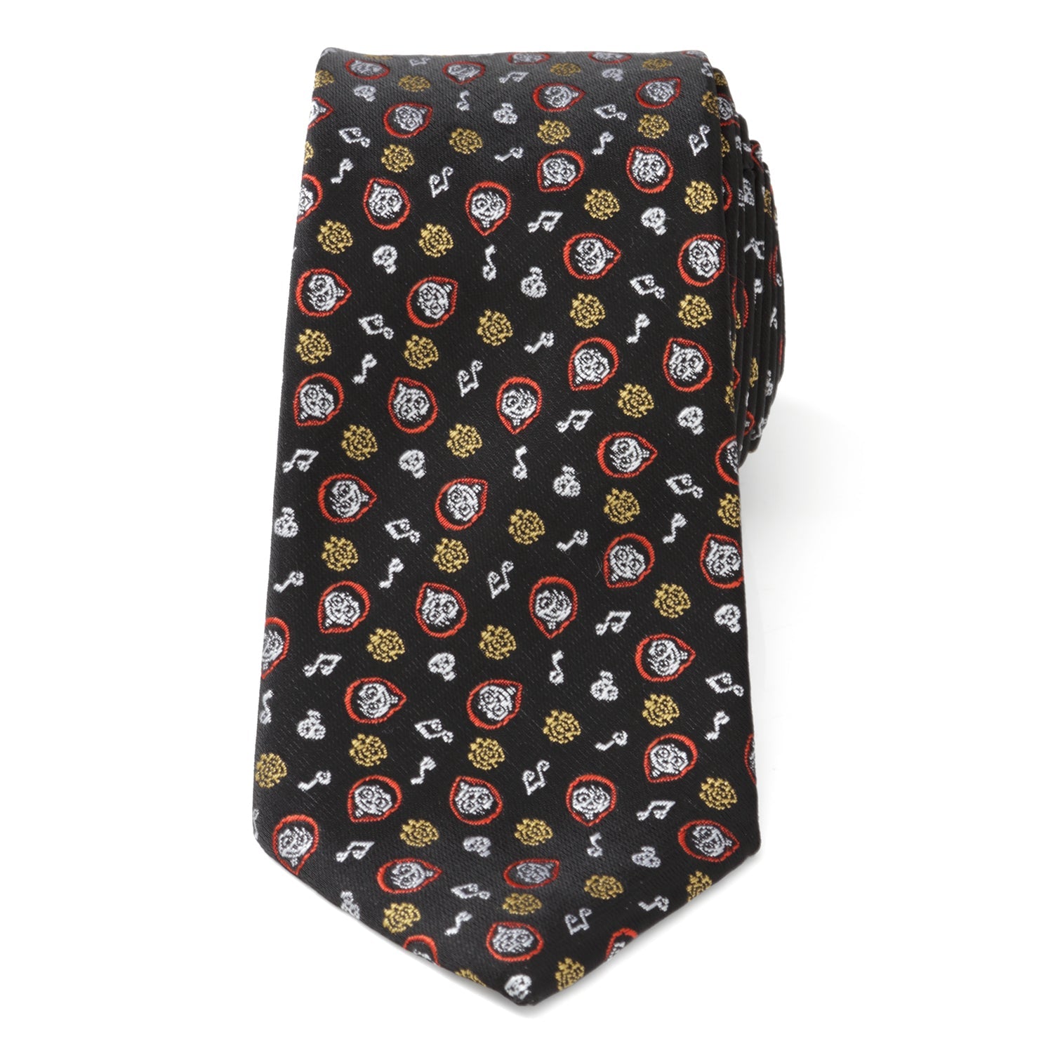 Disney Pixar Coco black silk men’s tie featuring colorful skull and guitar pattern inspired by the Coco movie. Officially licensed by Disney.