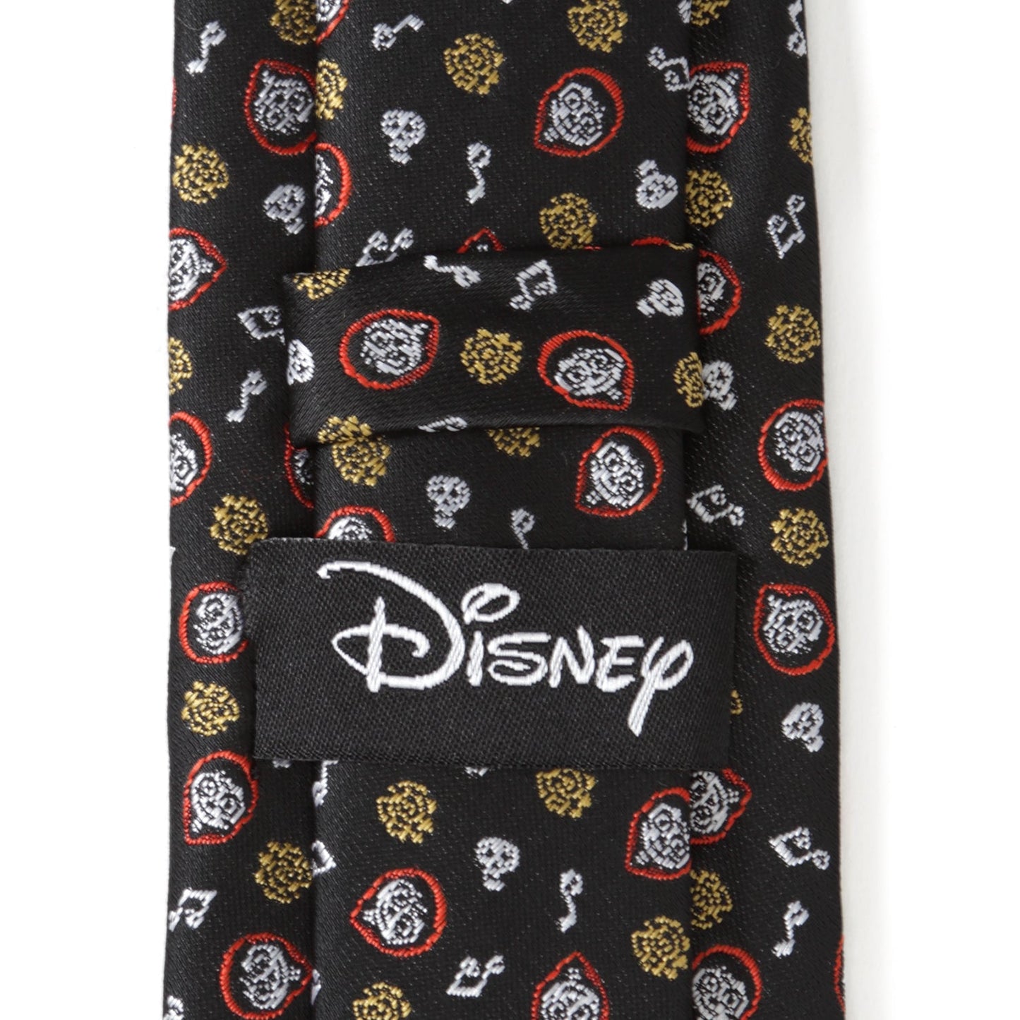 Disney Pixar Coco black silk men’s tie featuring colorful skull and guitar pattern inspired by the Coco movie. Officially licensed by Disney.