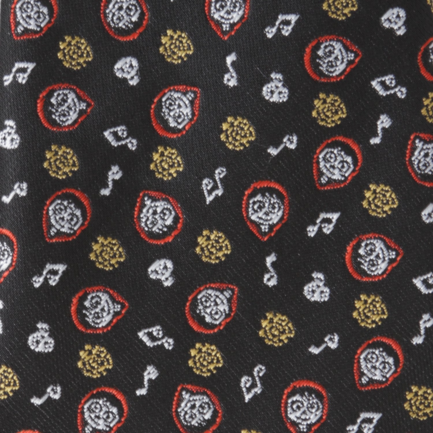 Patterned tie with musical notes and floral designs on a black background