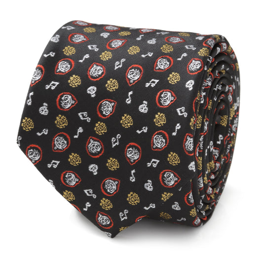 Disney Pixar Coco black silk men’s tie featuring colorful skull and guitar pattern inspired by the Coco movie. Officially licensed by Disney.