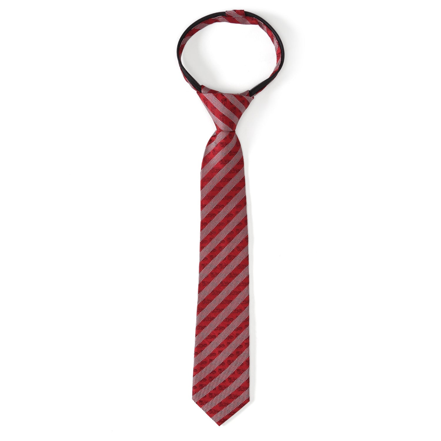 Disney Pixar Cars Lightning McQueen red and white striped zipper tie for boys, 100% silk, officially licensed.
