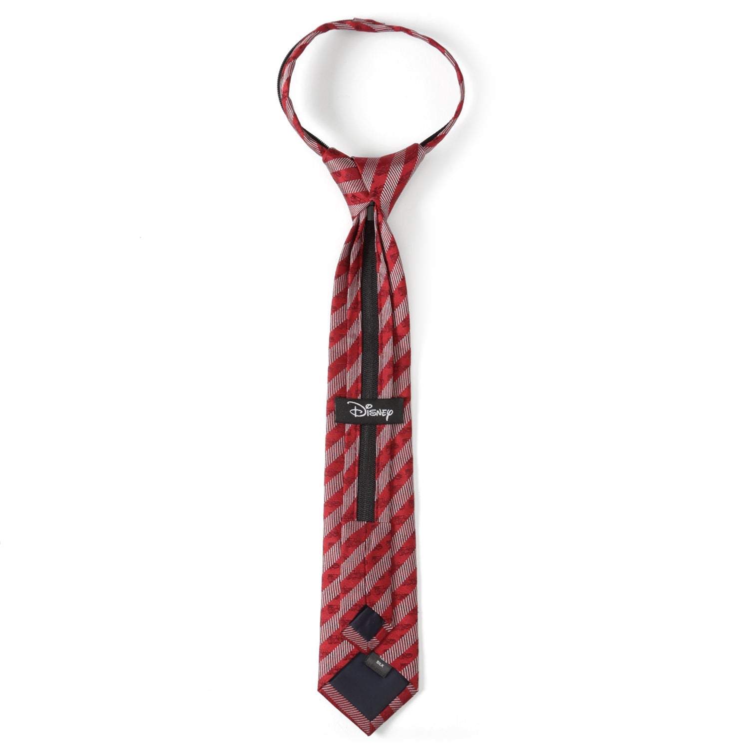 Disney Pixar Cars Lightning McQueen red and white striped zipper tie for boys, 100% silk, officially licensed.