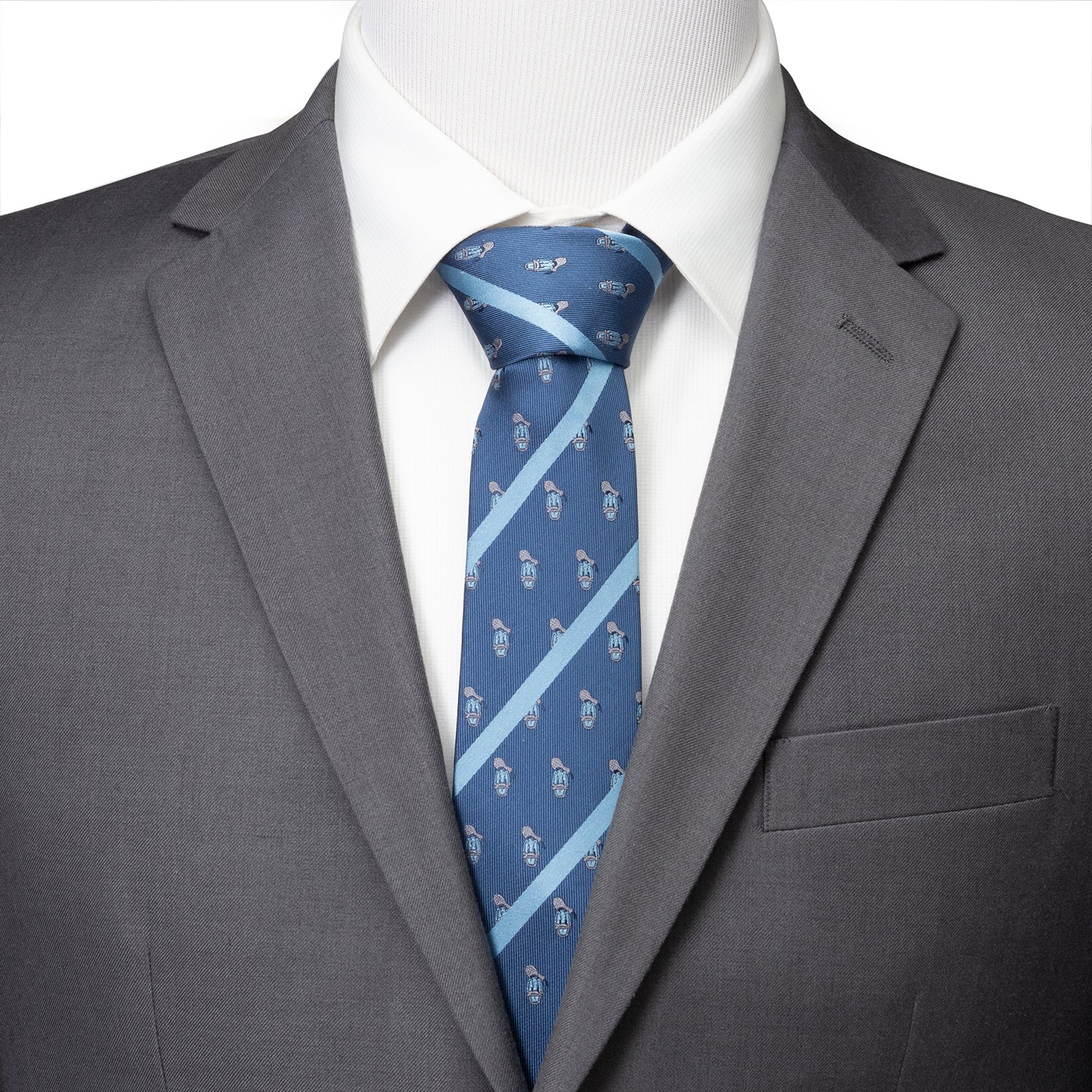 Gray suit with a blue tie featuring a pattern on a white background Donald Duck