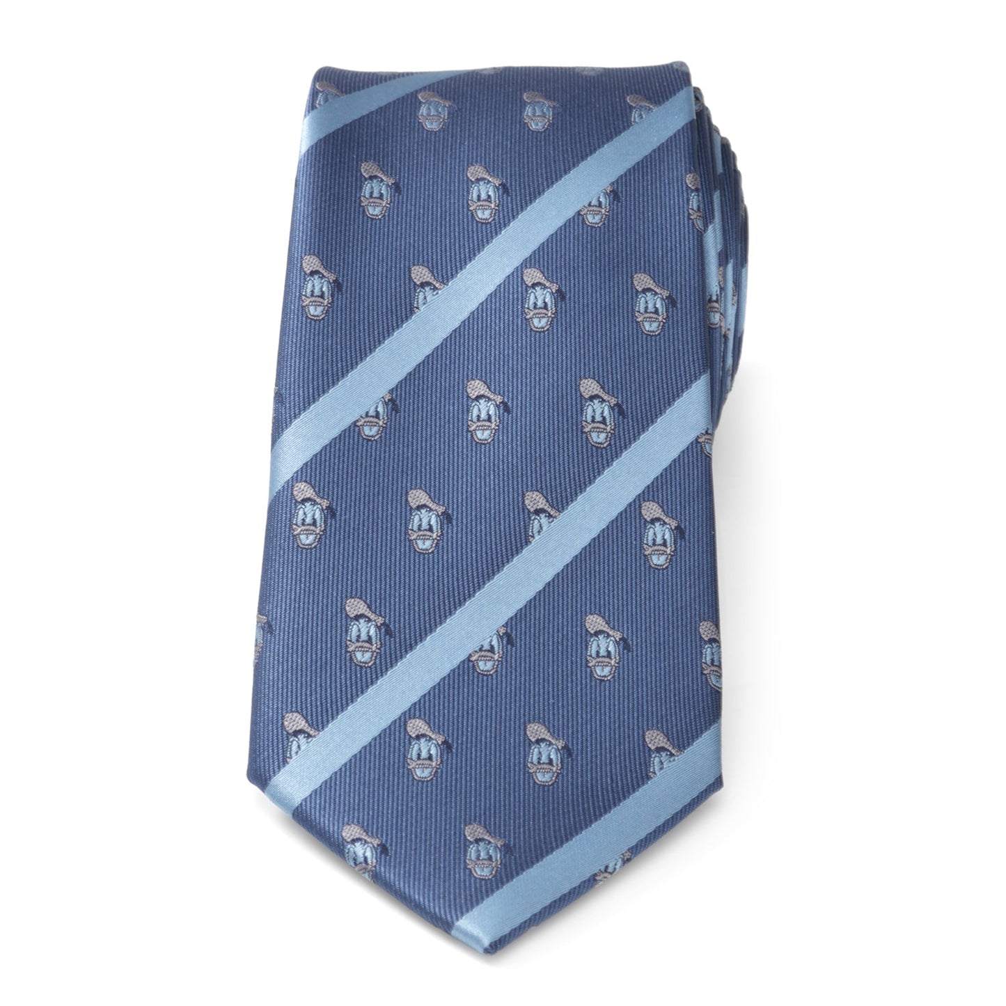 Blue patterned tie with a diagonal light blue stripe on a white background Donald Duck